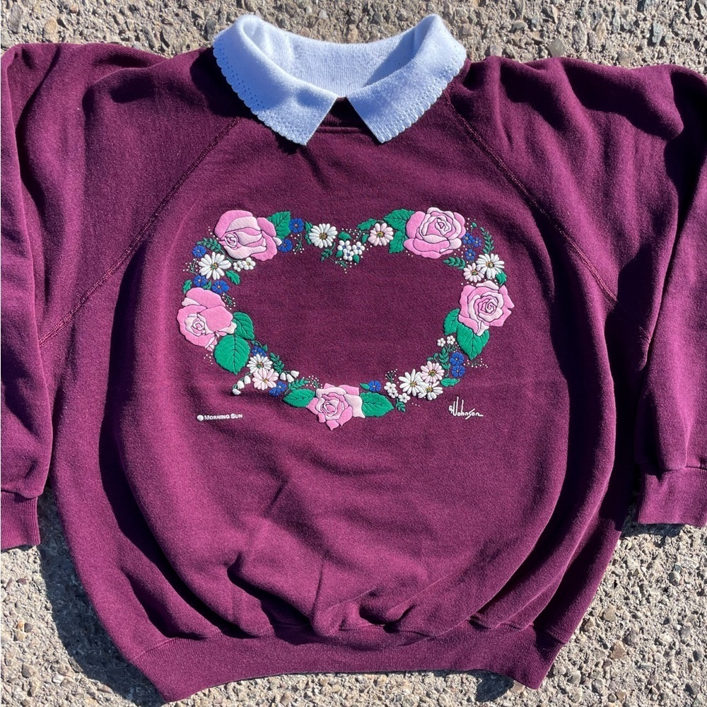 Floral Heart Morning Sun Vtg 1980s Hanes Collared Sweatshirt Women’s (L 42-44) - Picture 4 of 9